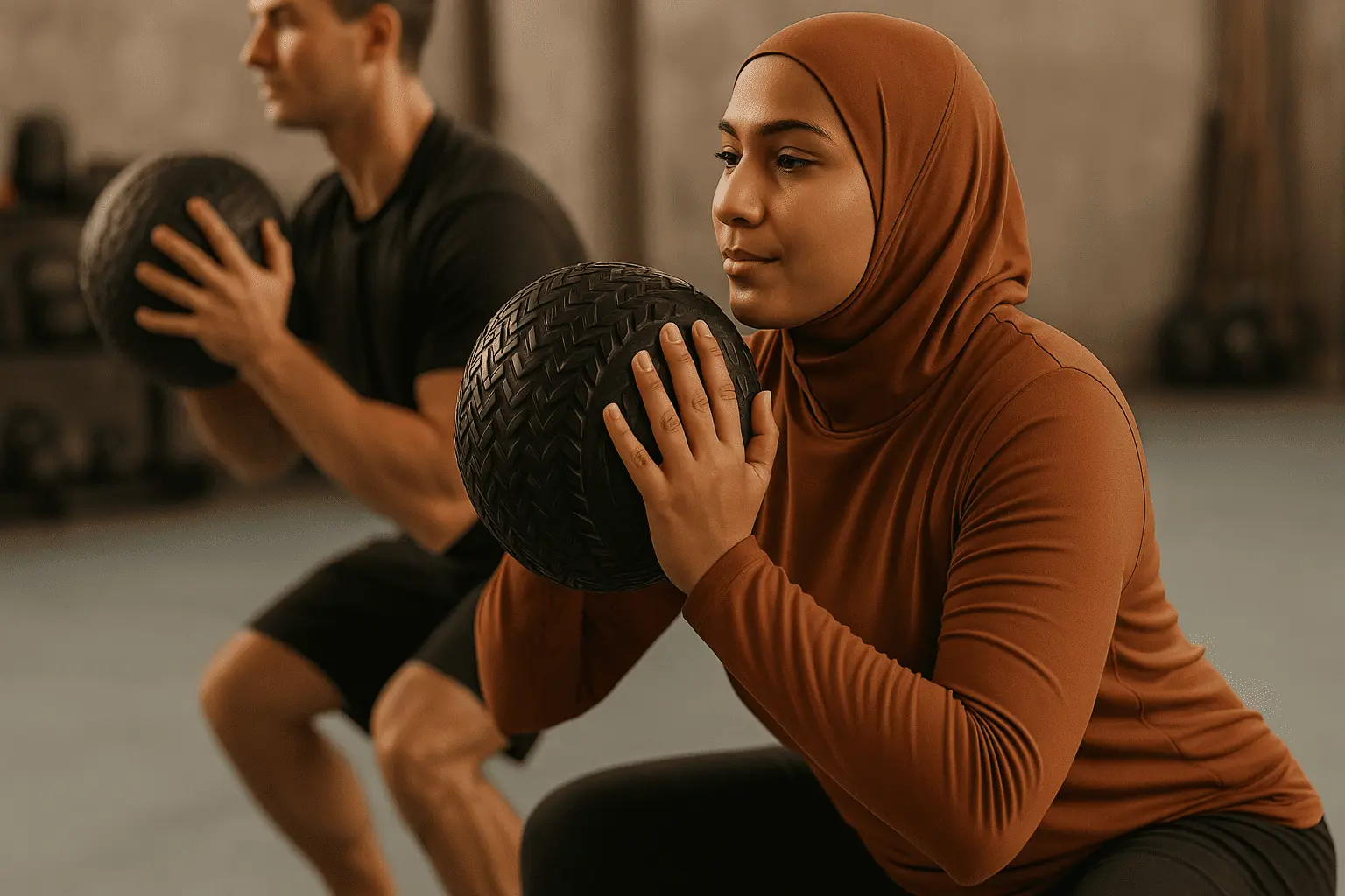 یک خانم ورزشکار و یک آقای ورزشکار در حال تمرین هستند